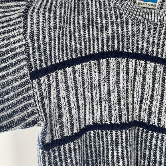 VTG Sweater Graphix Navy Light Blue Ribbed Knit 80s-90s Crewneck Grandpa… - Picture 10 of 13